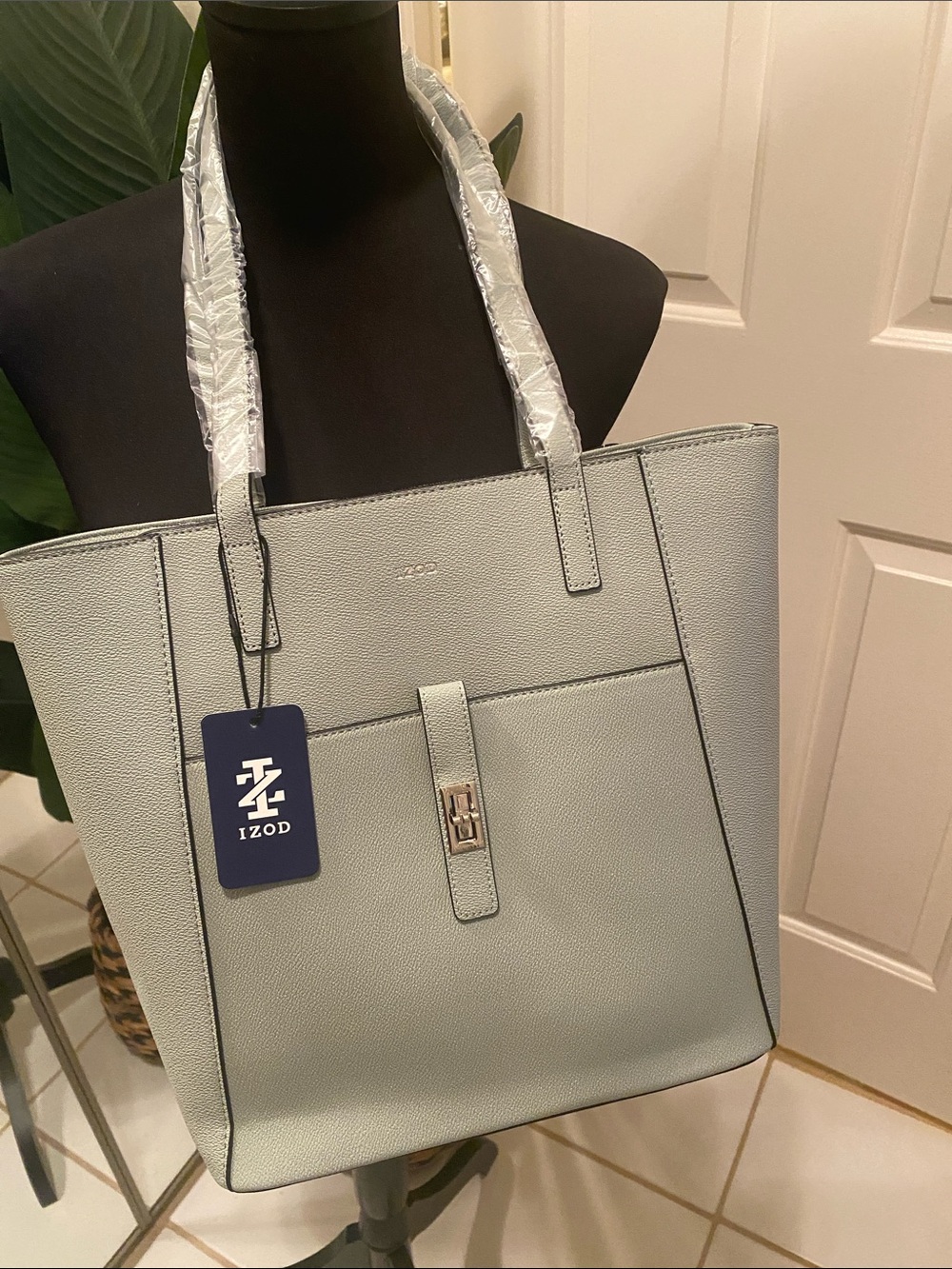 Izod Sage Gray Pebbled Leather Tote with Front Pocket